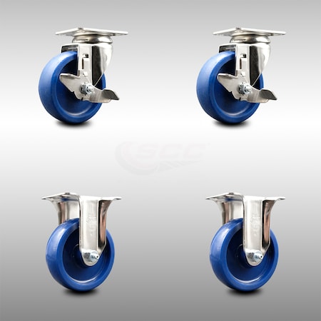 Service Caster 4 Inch 316SS Solid Polyurethane Swivel Top Plate Caster Brake 2 Rigid SCC, 2PK SCC-SS31620S414-SPUS-TLB-2-R-2